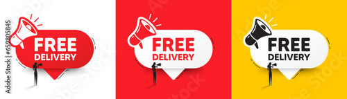 Free delivery tag. Speech bubble with megaphone and woman silhouette. Shipping and cargo service message. Business order icon. Free delivery chat speech message. Woman with megaphone. Vector
