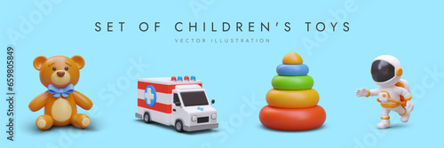 Set with toys for children on blue background. Cute soft teddy bear, ambulance, educational pyramid with colorful rings, astronaut and ambulance car. Vector illustration