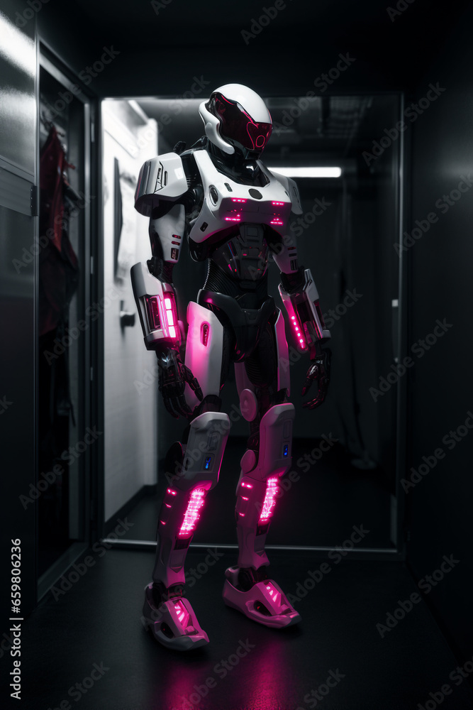 Robot realistic 3d composition with set of front and side views of masculine droid illustration