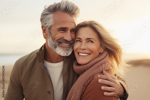 Joyful mature aged couple, a man and woman, sharing a loving hug on a beach in autumn. 