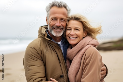 Joyful middle aged couple, a man and woman, sharing a loving hug on a beach in autumn. 