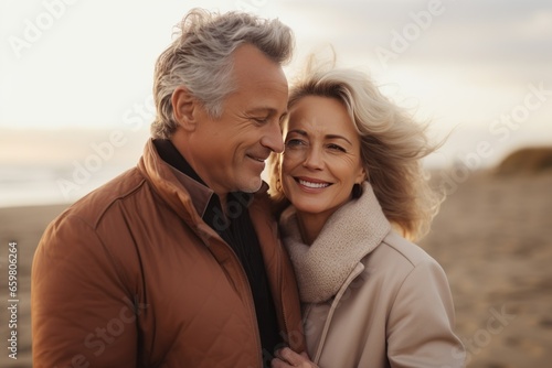 Joyful mature aged couple, a man and woman, sharing a loving hug on a beach in autumn. 