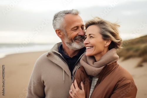 Joyful mature aged couple, a man and woman, sharing a loving hug on a beach in autumn.  © radekcho