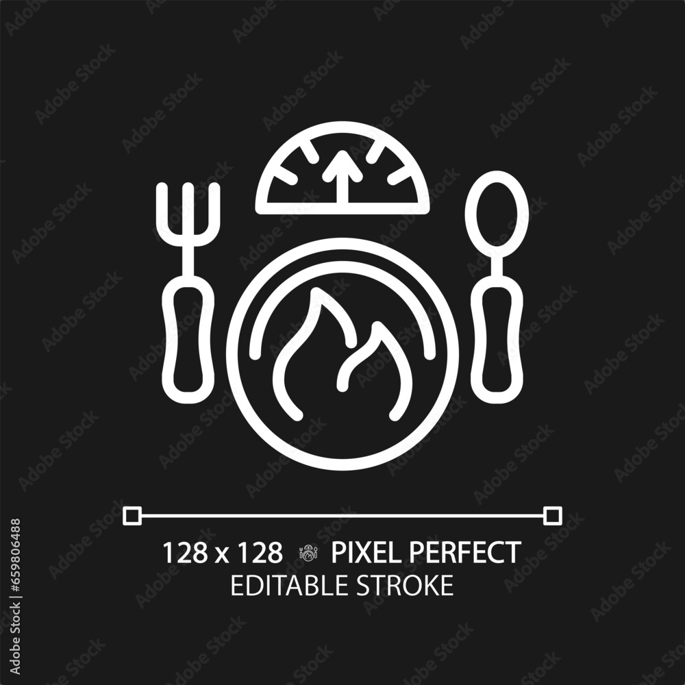 2D pixel perfect editable white diet and weight icon, isolated monochromatic vector, thin line illustration representing metabolic health. 2D pixel perfect editable white diet and weight icon, isolated monochromatic vector, thin line illustration representing metabolic health.