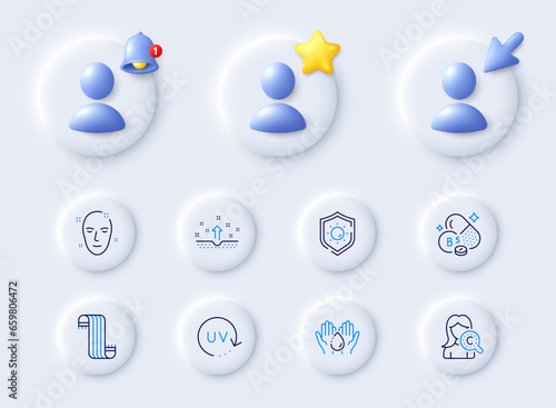 Pantothenic acid, Collagen skin and Clean skin line icons. Placeholder with 3d cursor, bell, star. Pack of Uv protection, Wash hands, Sun protection icon. Scarf pictogram. Vector