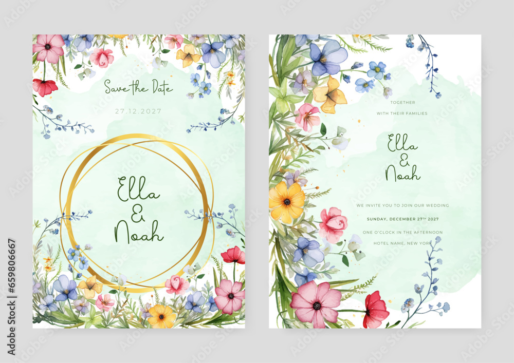 Colorful colourful poppy elegant wedding invitation card template with watercolor floral and leaves
