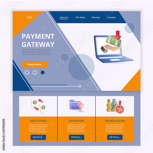 Payment gateway flat landing page website template. Peer to peer, encryption, tax regulation. Web banner with header, content and footer. Vector illustration.