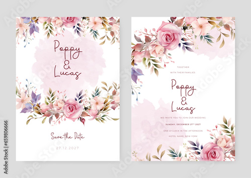 Pink rose set of wedding invitation template with shapes and flower floral border
