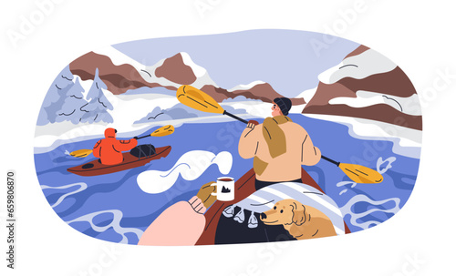 Winter adventure in boats. Tourists kayaking in cold weather, nature with mou...