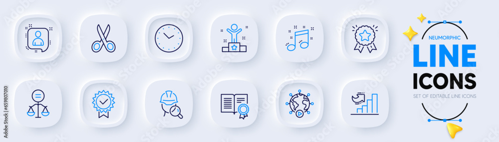Ranking star, Inspect and Musical note line icons for web app. Pack of ...
