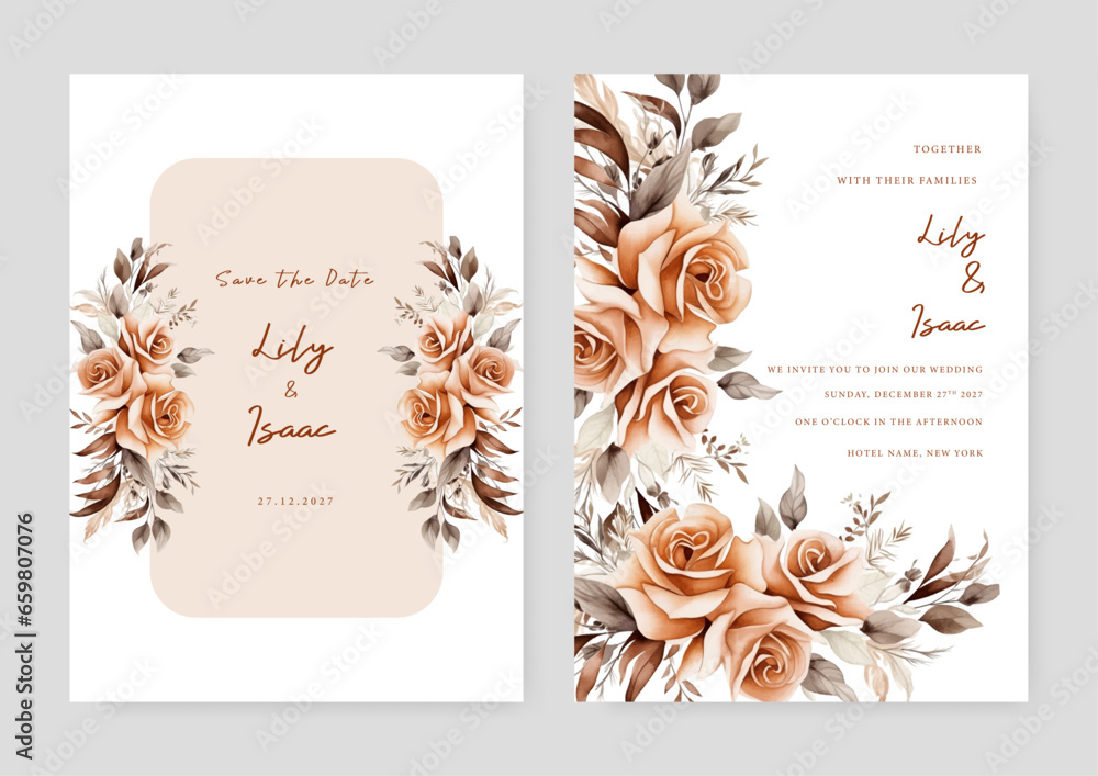 Fototapeta premium Brown rose set of wedding invitation template with shapes and flower floral border