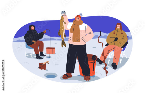 Ice fishing. Fisherman with caught fish on winter holiday. Men friends at frozen river water, catching with rods. Happy fishers at northern lake. Flat vector illustration isolated on white background
