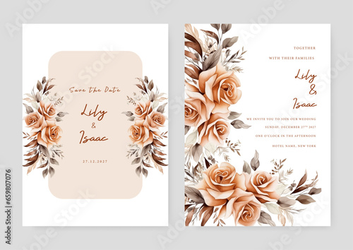 Brown rose set of wedding invitation template with shapes and flower floral border