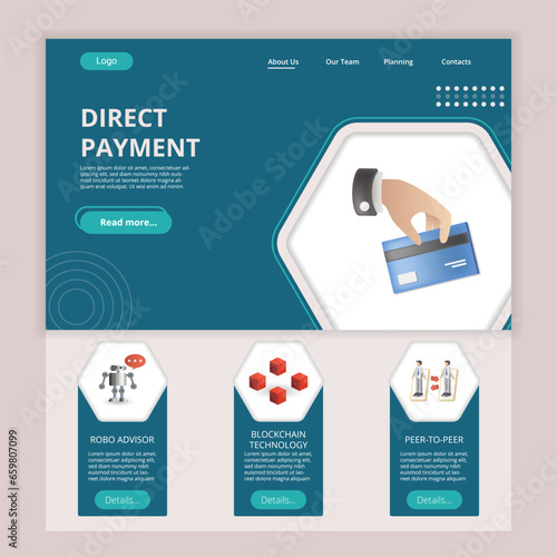 Direct payment flat landing page website template. Robo advisor, blockchain technology, peer-to-peer. Web banner with header, content and footer. Vector illustration.
