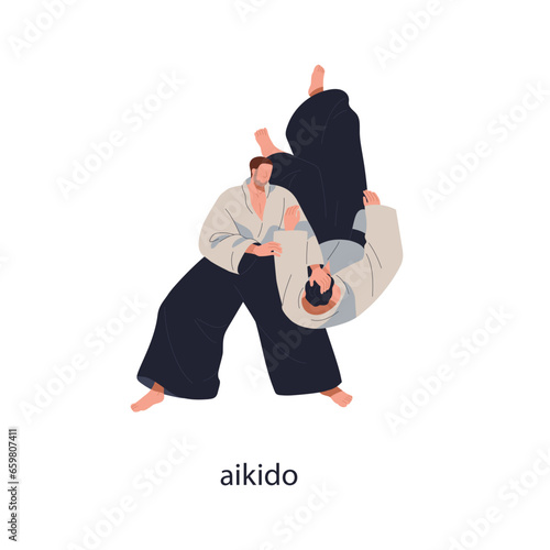 Aikido fight, battle. Japanese martial art, wrestling. Two Japan athletes fig...