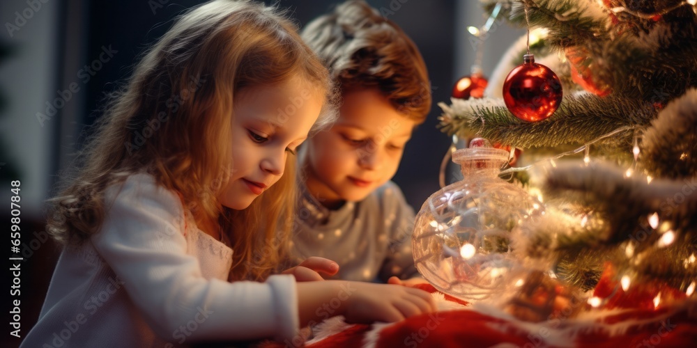 A little girl and boy open a New Year's gift. Christmas tree in front of them.