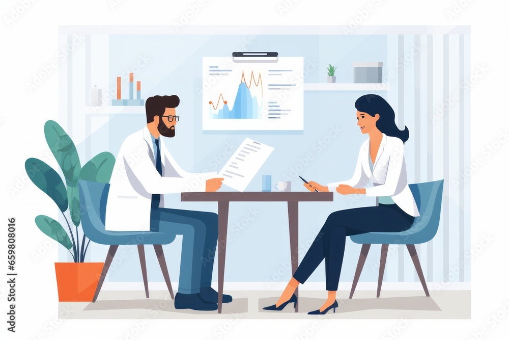 White background image illustration. Doctor sitting at the table with pen, notebook for checking health. Flat design White background image illustration. Doctor sitting at the table with pen, notebook for checking health. Flat design