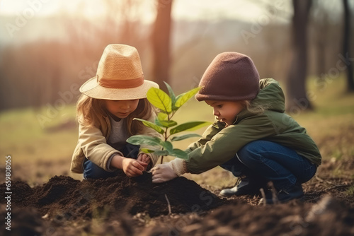 Children helping planting tree on nature field grass forest