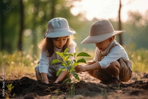 Children helping planting tree on nature field grass forest
