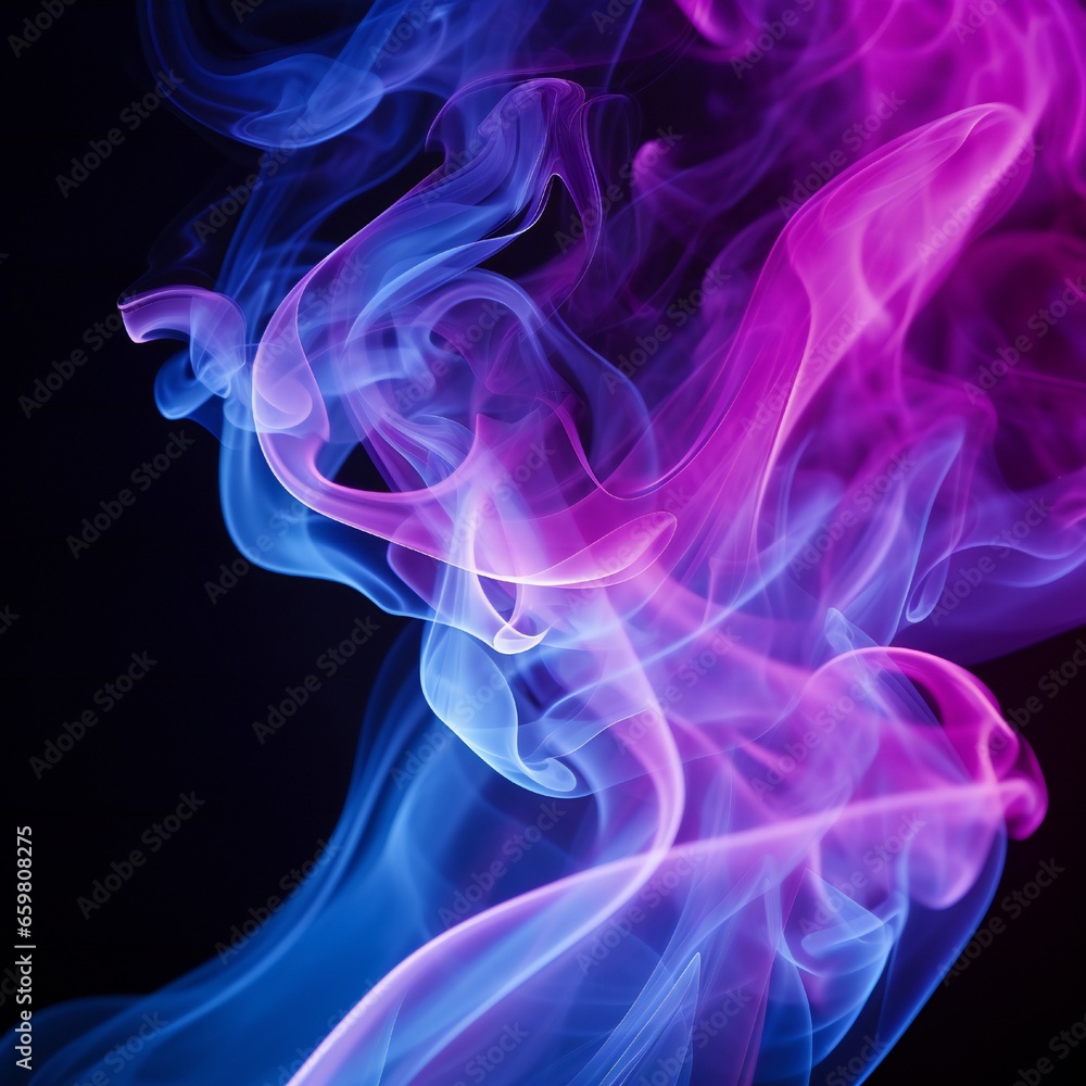 Naklejka premium Soft chimney smoke, top down, blue, purple and pink colors, black background Generative AI
