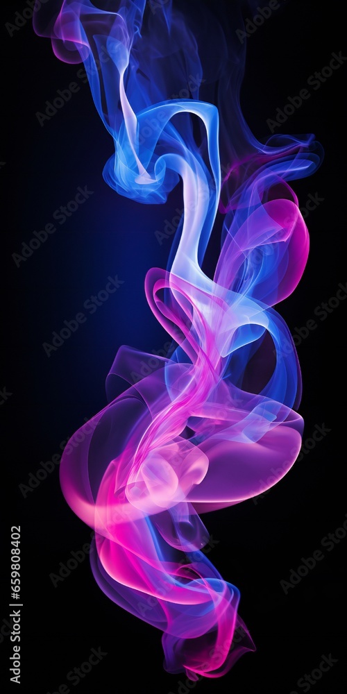 Naklejka premium Soft chimney smoke, top down, blue, purple and pink colors, black background Generative AI