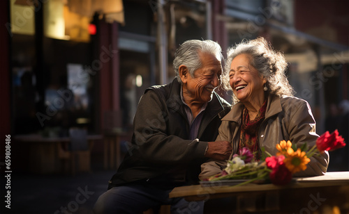 elderly Hispanic couple, deeply connected by years of shared experiences, radiate warmth and love as they relish an outdoor setting