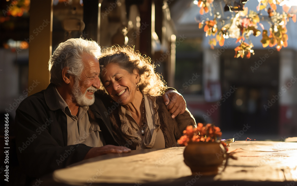 elderly Hispanic couple, deeply connected by years of shared experiences, radiate warmth and love as they relish an outdoor setting elderly Hispanic couple, deeply connected by years of shared experiences, radiate warmth and love as they relish an outdoor setting