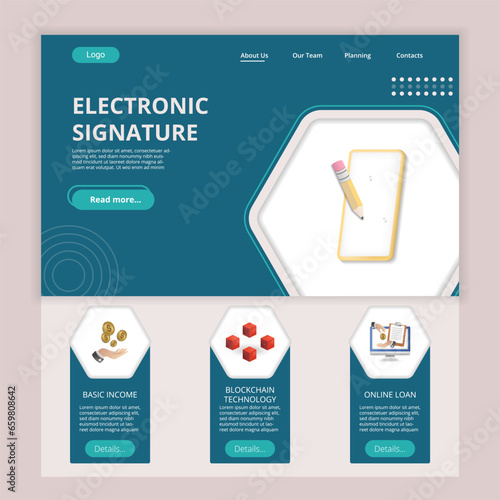 Electronic signature flat landing page website template. Basic income, blockchain technology, online loan. Web banner with header, content and footer. Vector illustration.