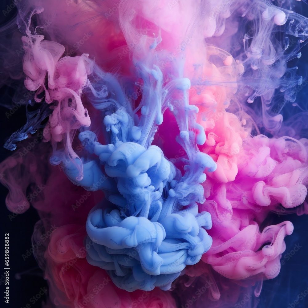 Fototapeta premium Soft chimney smoke, top down, blue, purple and pink colors, black background Generative AI
