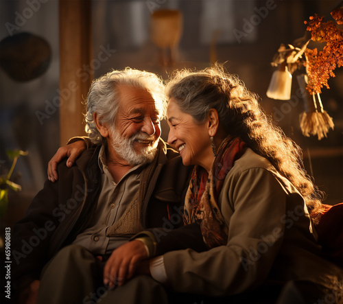 elderly Hispanic couple, deeply connected by years of shared experiences, radiate warmth and love as they relish an outdoor setting © Aryanedi