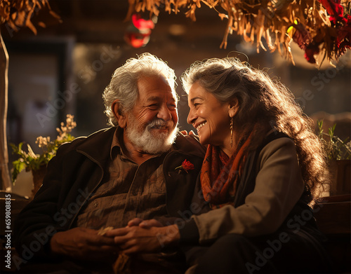 elderly Hispanic couple, deeply connected by years of shared experiences, radiate warmth and love as they relish an outdoor setting © Aryanedi