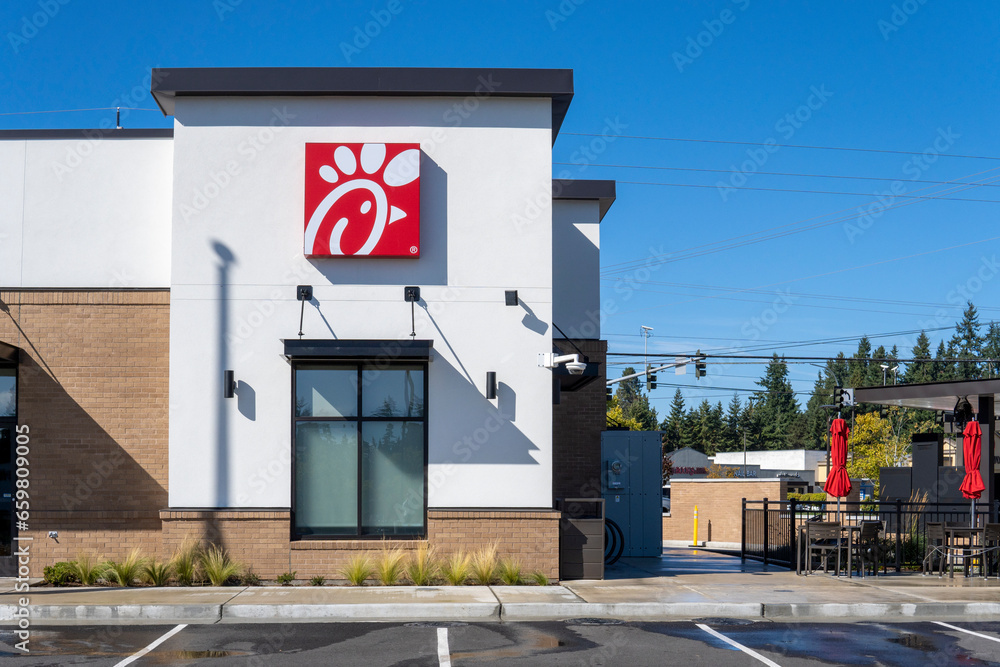 Lynnwood, WA, USA 1st October 2023. Chickfila fast food restaurant