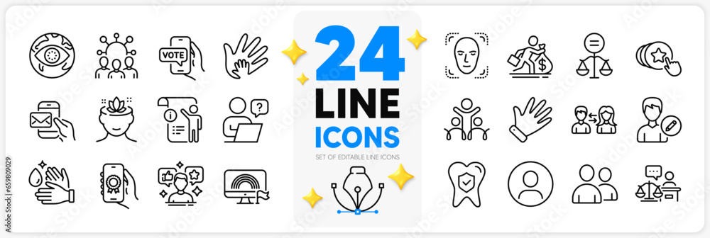 Icons set of Cyber attack, Online voting and Manual doc line icons pack for app with Online question, Court judge, Users thin outline icon. Hold heart, Salary, Yoga mind pictogram. Vector