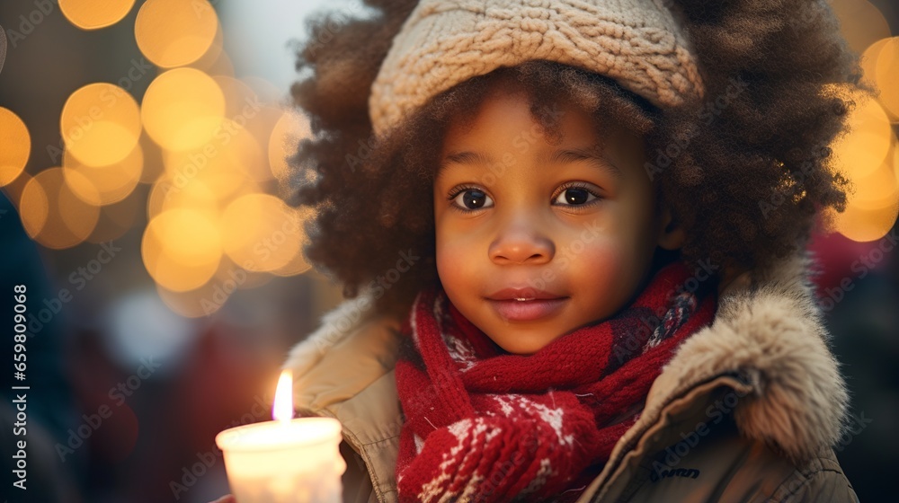 Joyful african american child holding candle amidst warm evening Bokeh lights. Merry christmas.