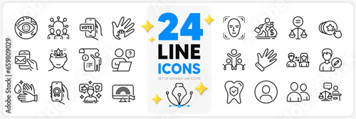 Icons set of Cyber attack, Online voting and Manual doc line icons pack for app with Online question, Court judge, Users thin outline icon. Hold heart, Salary, Yoga mind pictogram. Vector