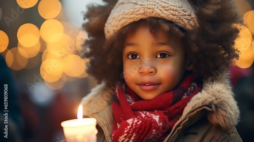 Joyful african american child holding candle amidst warm evening Bokeh lights. Merry christmas. © miriam artgraphy