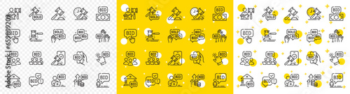 Deal hammer, bid offer and law justice act set. Auction line icons. Judge gawel, vote hand and bid price line icons. Win a lot, online auction and act hammer. Stock exchange deal. Vector