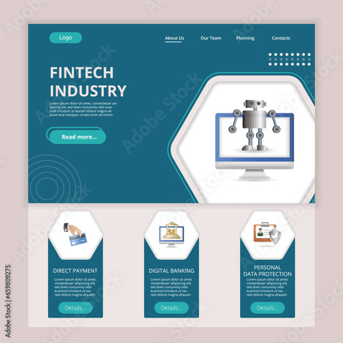 Fintech industry flat landing page website template. Direct payment, digital banking, personal data protection. Web banner with header, content and footer. Vector illustration.