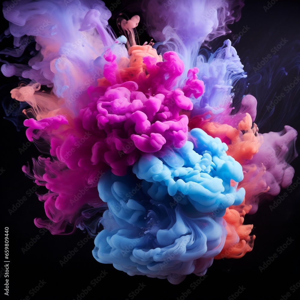 Obraz premium Soft chimney smoke, top down, blue, purple and pink colors, black background Generative AI