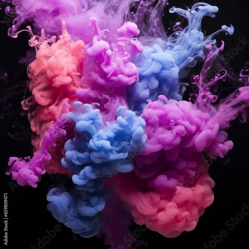 Soft chimney smoke, top down, blue, purple and pink colors, black background Generative AI