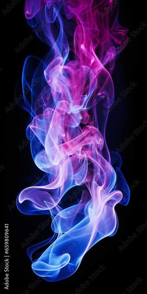 Obraz premium Soft chimney smoke, top down, blue, purple and pink colors, black background Generative AI