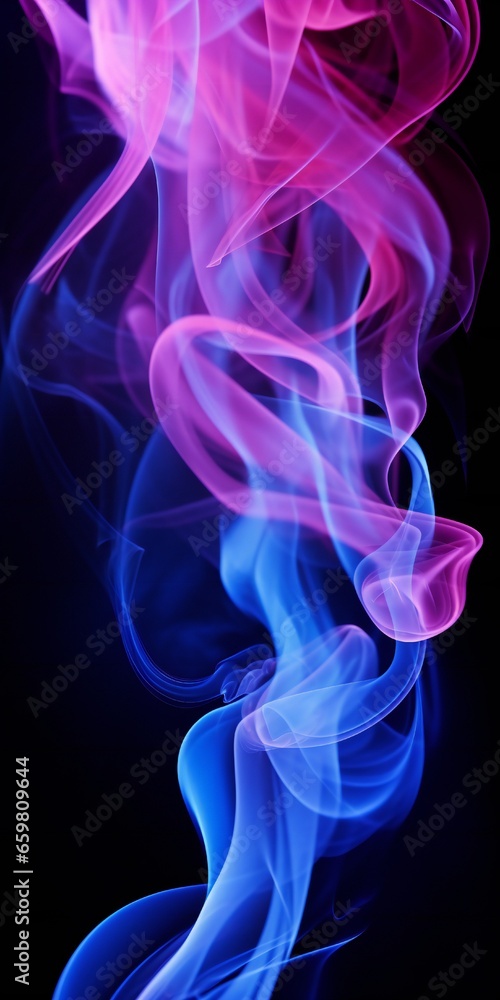 Naklejka premium Soft chimney smoke, top down, blue, purple and pink colors, black background Generative AI