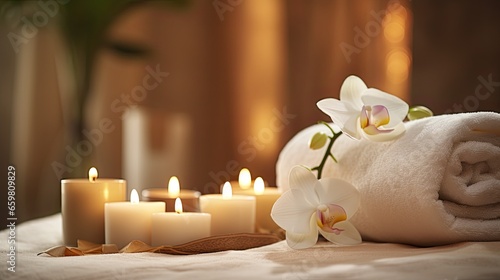 Exquisite display of beauty treatment arranged on spa table in Relaxing and luxury spa resort