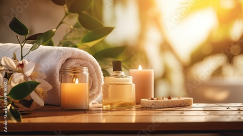 Exquisite display of beauty treatment arranged on spa table in Relaxing and luxury spa resort photo