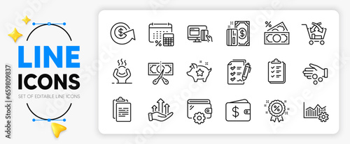 Clipboard, Wallet and Discount line icons set for app include Growth chart, Survey checklist, Money tax outline thin icon. Online payment, Loyalty points, Dollar exchange pictogram icon. Vector