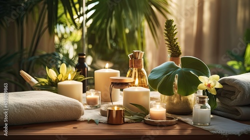 Exquisite display of beauty treatment arranged on spa table in Relaxing and luxury spa resort photo