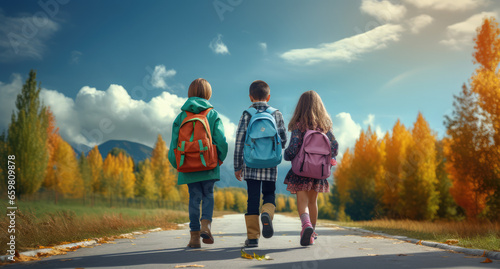 children walk along path with backpacks, happy time to go to school