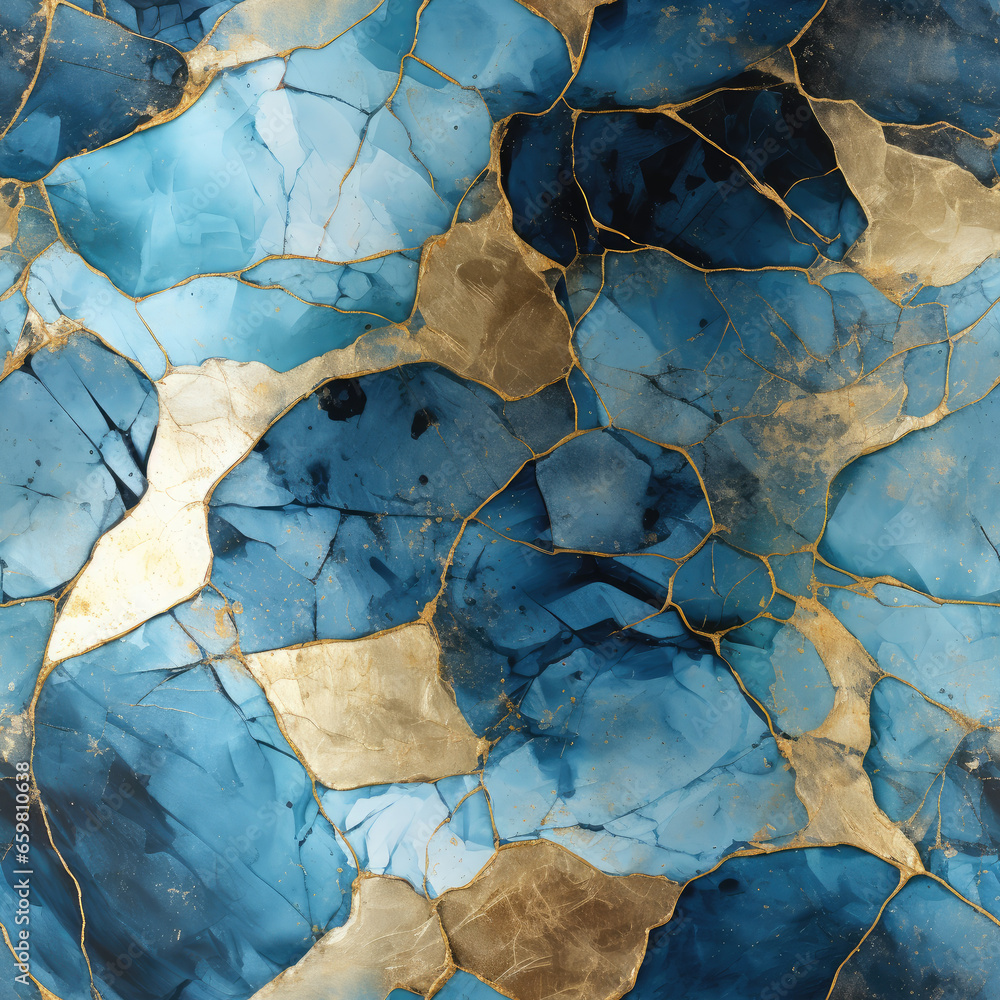 Seamless cracked shapes blue and yellow with golden elements background