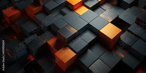 Abstract background design of black and orange panels forming geometric pattern