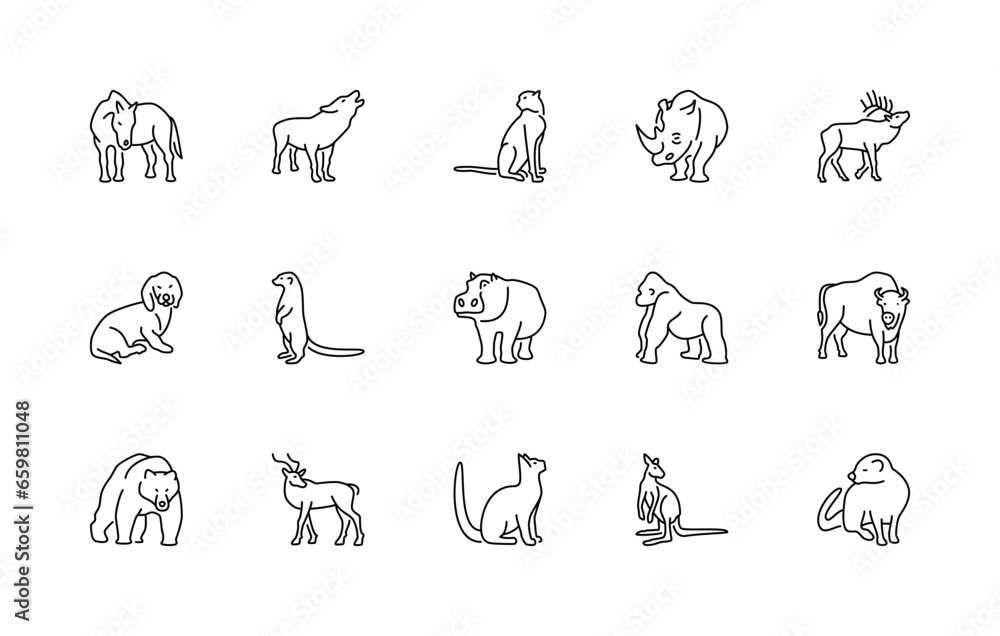 Animals linear vector icons. Isolated outline of animals horse, wolf, cheetah and more on a white background. Vector animals symbol set. Animals linear vector icons. Isolated outline of animals horse, wolf, cheetah and more on a white background. Vector animals symbol set.